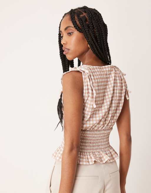 ASOS DESIGN – Oberteil mit Vichy-Karos in Braun und Weiß, Raffung in der Taille und Bindebändern an den Schultern, 4 von 4