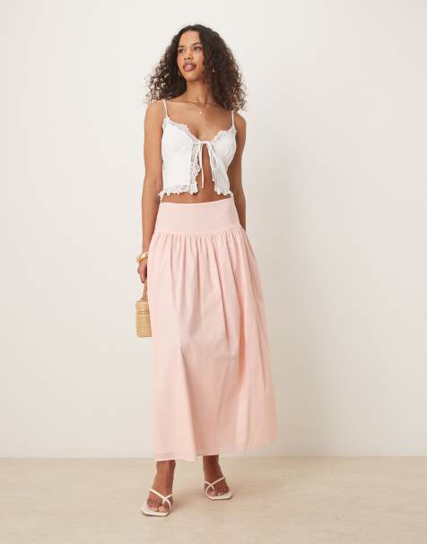 ASOS DESIGN  dropped waist volume midi skirt in washed pink