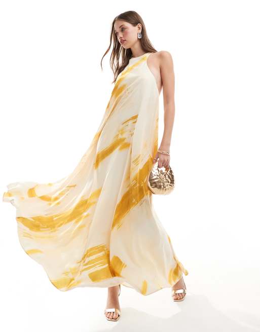 ASOS DESIGN – Obszerna trapezowa sukienka maxi z satyny w marmurkowy wzór ze złotą metalową wstawką