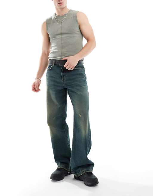 ASOS DESIGN – Obszerne jeansy z szerokim dołem w spranym ciemnoniebieskim kolorze
