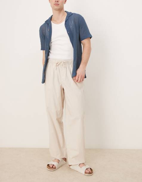 ASOS DESIGN baggy linen blend trousers in stone