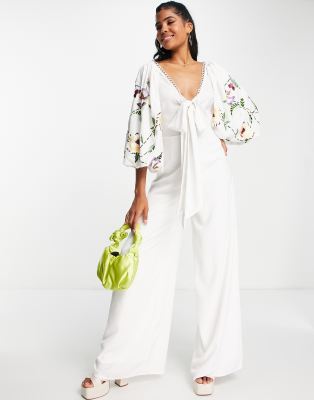 ASOS DESIGN occasion big sleeve tie front wide leg jumpsuit with embroidery in white - ASOS Price Checker