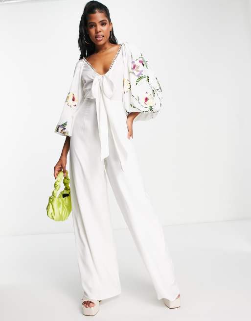 ASOS DESIGN occasion big sleeve tie front wide leg jumpsuit with embroidery  in white