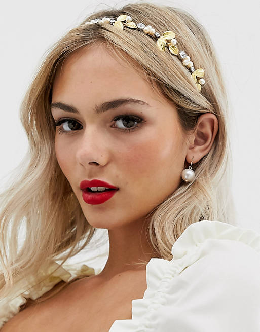 ASOS DESIGN occasion headband with gold leaf and pearls
