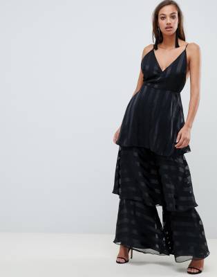 ASOS DESIGN occasion jumpsuit with tiered leg in satin stripe-Multi