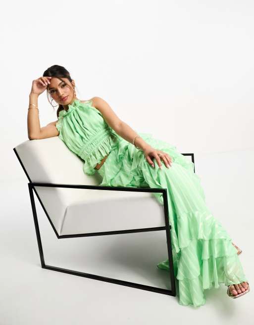 ASOS DESIGN occasion ruffle halterneck top in green satin stripe part of a set