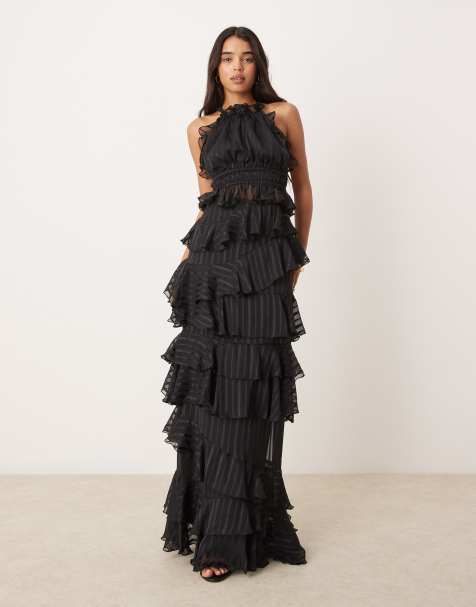 ASOS DESIGN occasion ruffle maxi skirt & halterneck top set in black - view 1
