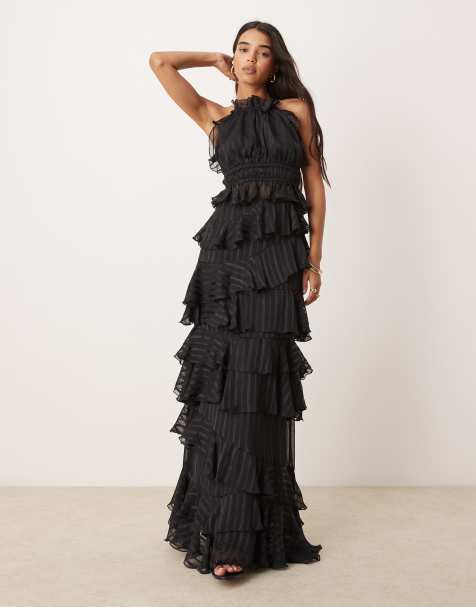 ASOS DESIGN occasion ruffle maxi skirt in black (part of a set) - view 1