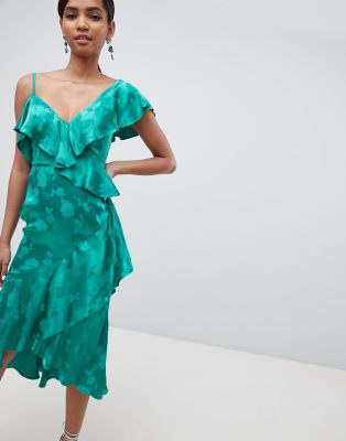 satin ruffle midi dress