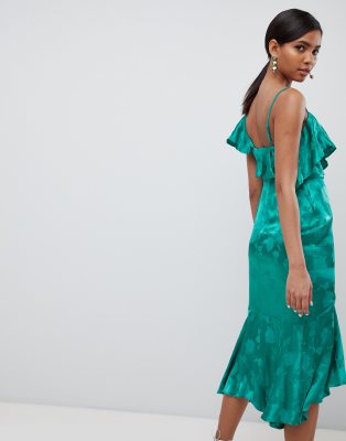 satin ruffle midi dress