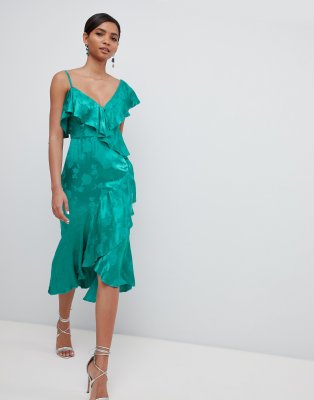 satin ruffle midi dress