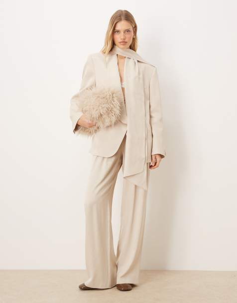 ASOS DESIGN occasion satin blazer with tie neck detail and deep pleat trousers in cream - view 1