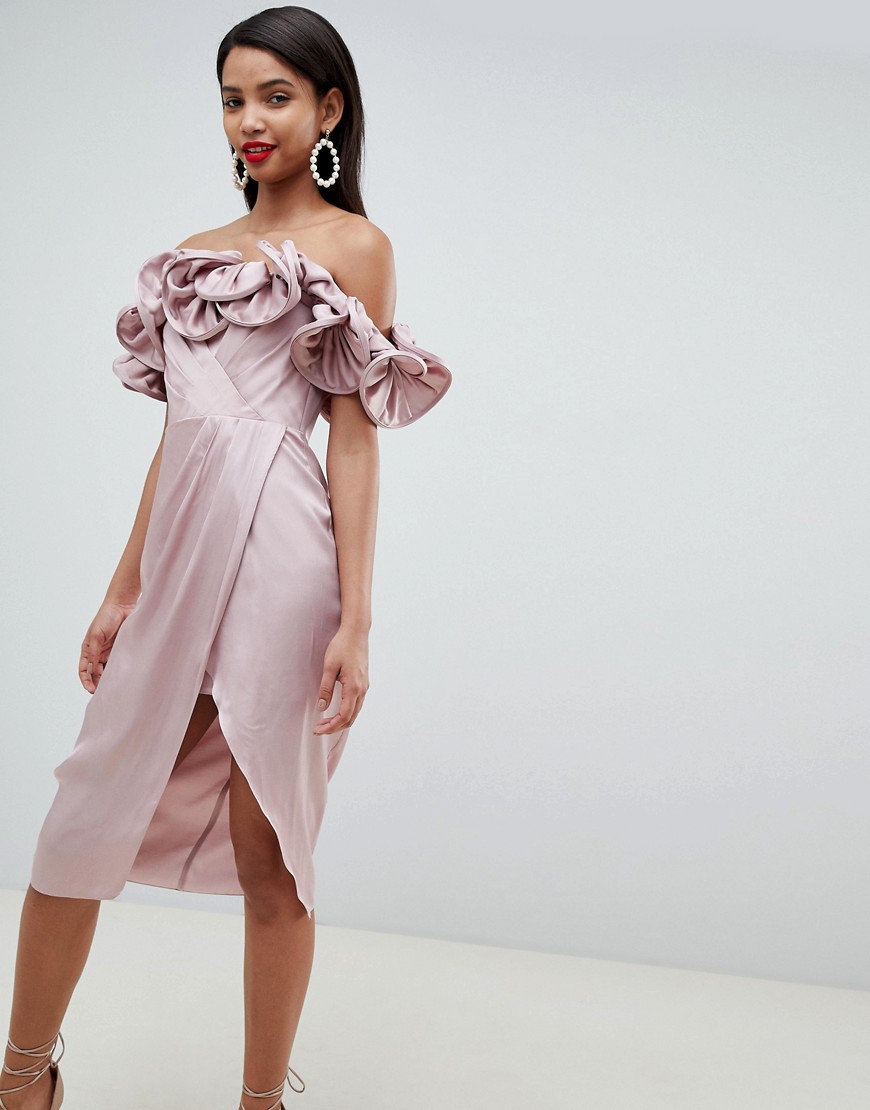 ASOS DESIGN Occasion Satin Pencil Dress With Extreme Ruffle Bandeau-Pink