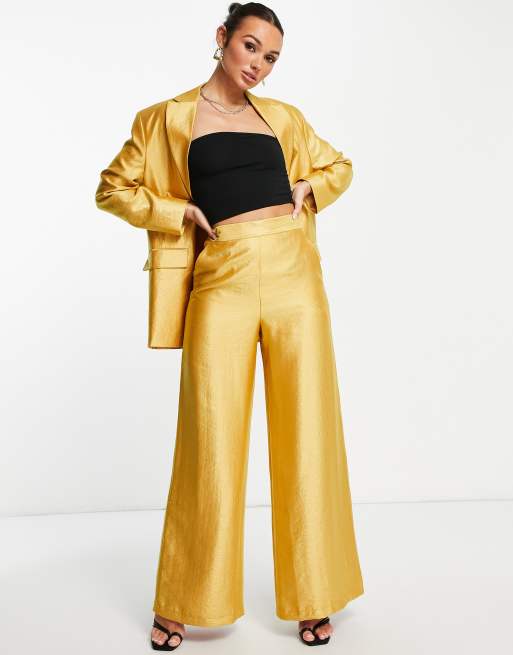 ASOS DESIGN occasion satin wide leg suit pants in gold