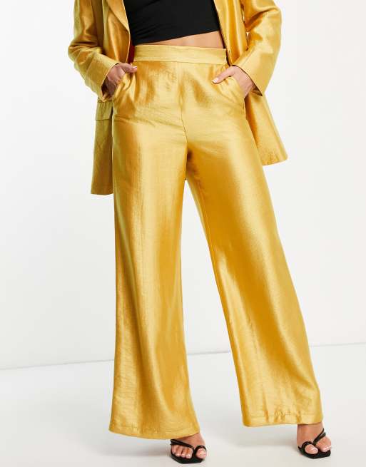 ASOS DESIGN occasion satin wide leg suit trouser in gold