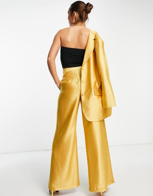 ASOS DESIGN occasion satin wide leg suit trouser in gold , 3 of 4