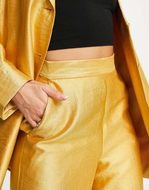 ASOS DESIGN occasion satin wide leg suit trouser in gold , 4 of 4