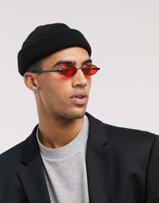 ASOS DESIGN Occhiali anni 90 alla moda ovali piccoli in metallo neri con lenti rosse ASOS