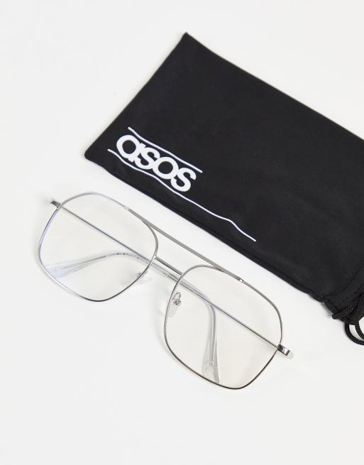 ASOS DESIGN - Occhiali aviatore in metallo argento con lenti anti luce blu trasparenti, 4 di 4