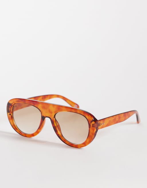 ASOS DESIGN - Occhiali aviatore rotondo color miele tartarugato con lenti marrone sfumato