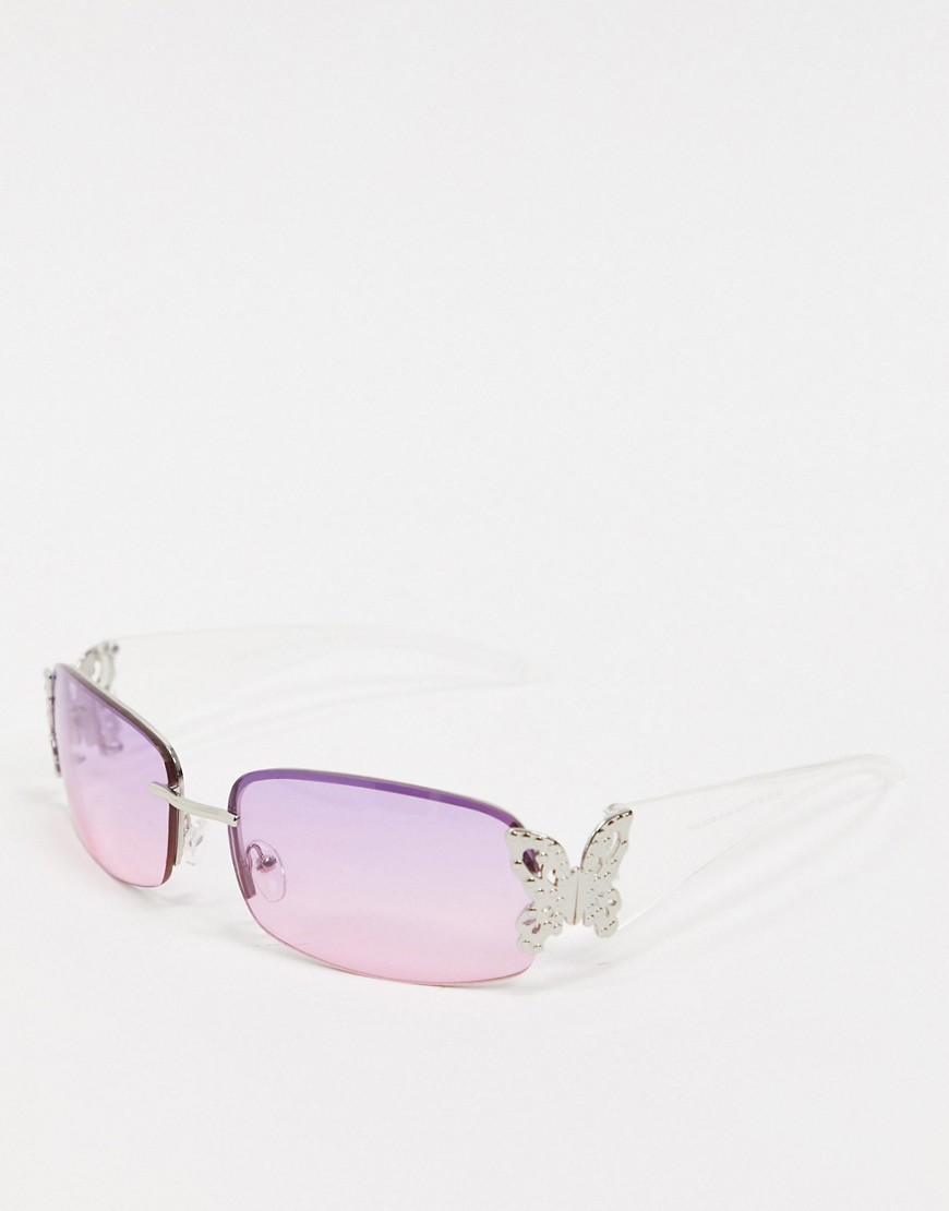 ASOS DESIGN - Occhiali da sole anni '90 rettangolari con farfalla laterale-Argento