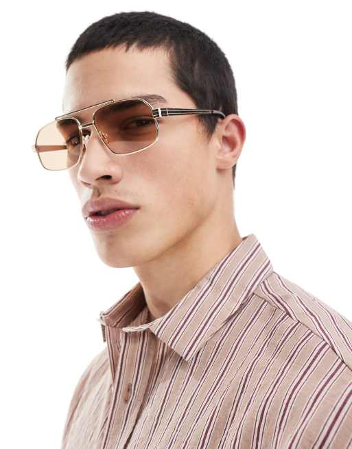 ASOS DESIGN - Occhiali da sole aviatore con montatura dorata e lenti marroni, 3 di 3