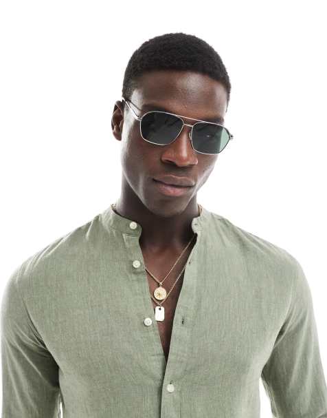 ASOS DESIGN - Occhiali da sole aviatore con montatura in metallo argentato e lenti verdi sfumate - view 1