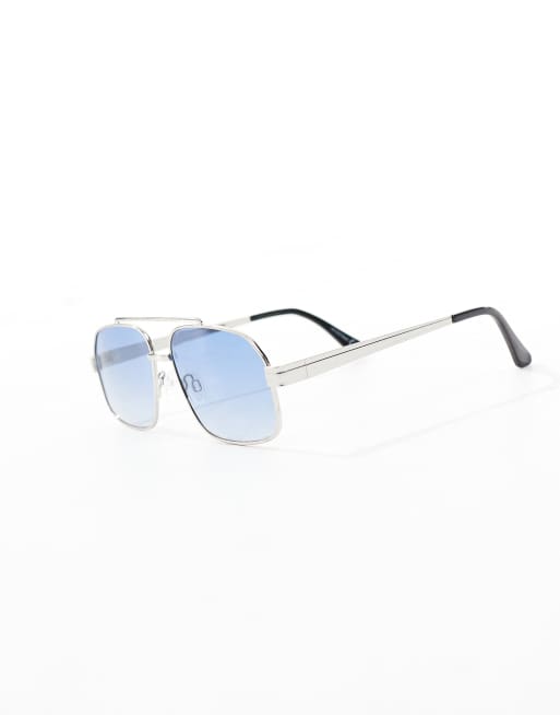 ASOS DESIGN - Occhiali da sole aviatore con montatura in metallo color argento e lenti blu, 2 di 3