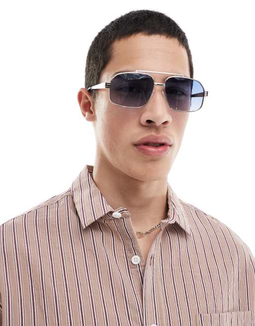ASOS DESIGN - Occhiali da sole aviatore con montatura in metallo tonalità argento e lenti sfumate blu