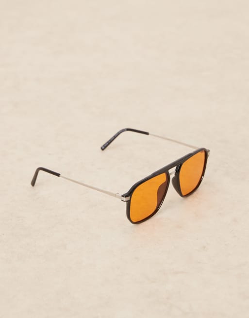 ASOS DESIGN - Occhiali da sole aviatore con montatura nera e lenti color ambra, 3 di 3