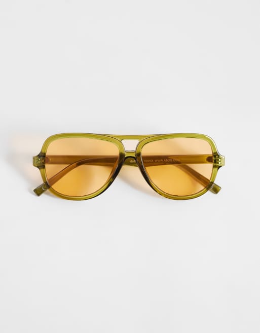 ASOS DESIGN - Occhiali da sole aviatore con montatura verde cristallo e lenti ambra, 3 di 3