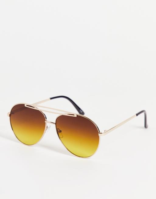 ASOS DESIGN - Occhiali da sole aviatore in metallo color oro con lenti marroni sfumate