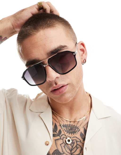 ASOS DESIGN Occhiali da sole aviatore neri sfumati con dettaglio argento ASOS