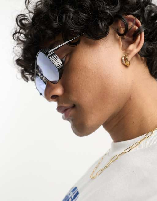ASOS DESIGN - Occhiali da sole aviatore rétro neri con dettagli sui bordi e lenti blu
