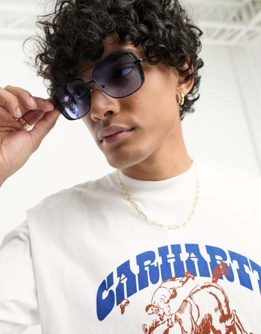 ASOS DESIGN - Occhiali da sole aviatore rétro neri con dettagli sui bordi e lenti blu, 4 di 4