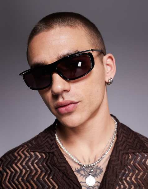 ASOS DESIGN - Occhiali da sole avvolgenti neri e argento con lenti bordeaux - view 1