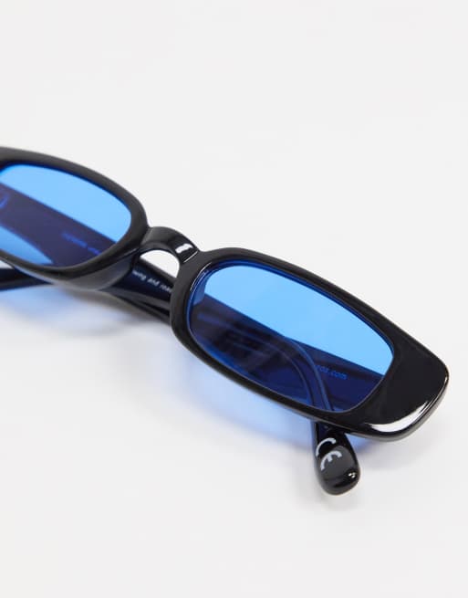 ASOS DESIGN - Occhiali da sole mini rettangolari neri con lenti blu, 3 di 4