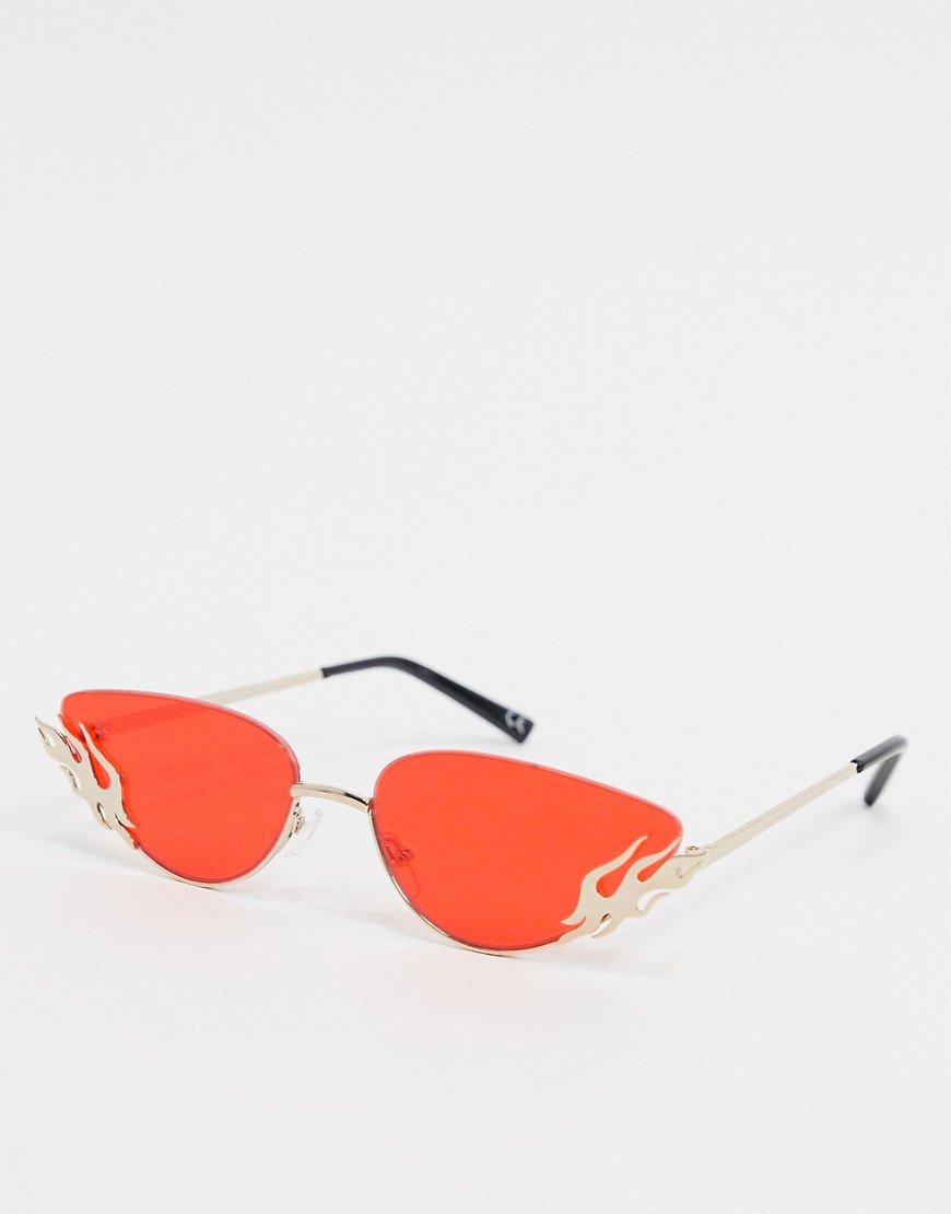ASOS DESIGN - Occhiali da sole mini senza bordo oro con dettagli a fiamme e lenti rosse-Rosso