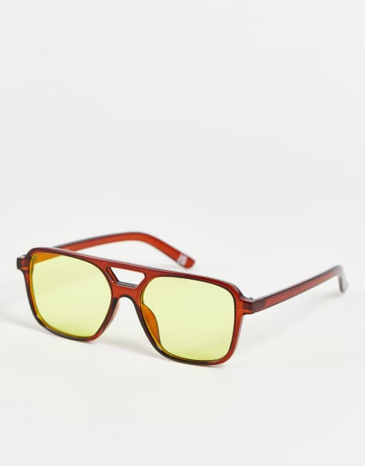 ASOS DESIGN - Occhiali da sole modello aviatore color marrone trasparente con lenti gialle 