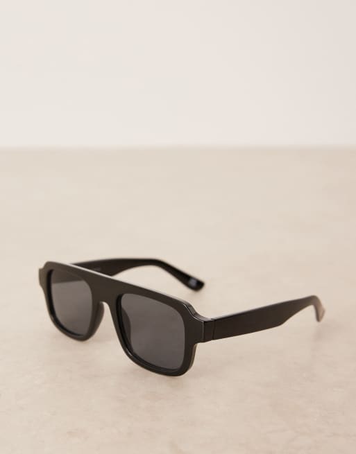 ASOS DESIGN - Occhiali da sole modello aviatore con ponte piatto spesso neri con lenti sfumate, 2 di 3