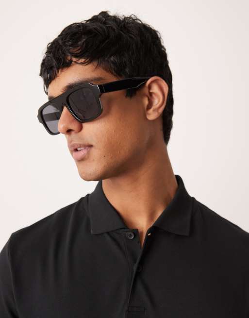 ASOS DESIGN - Occhiali da sole modello aviatore con ponte piatto spesso neri con lenti sfumate, 3 di 3
