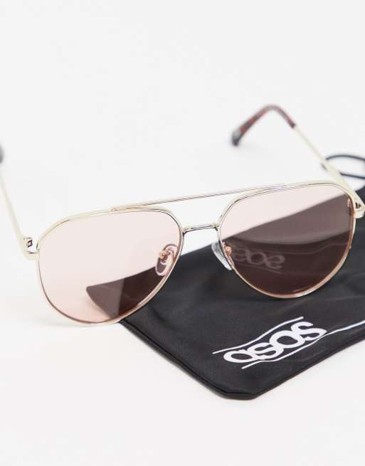 ASOS DESIGN - Occhiali da sole modello aviatore oro con lenti rosa, 4 di 4