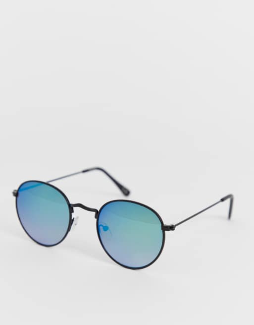 ASOS DESIGN - Occhiali da sole neri rotondi in metallo con lenti a specchio verdi