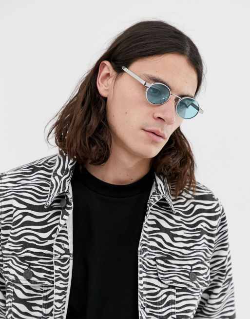 ASOS DESIGN - Occhiali da sole ovali in metallo argento con lenti turchesi e fronte spessa, 3 di 4