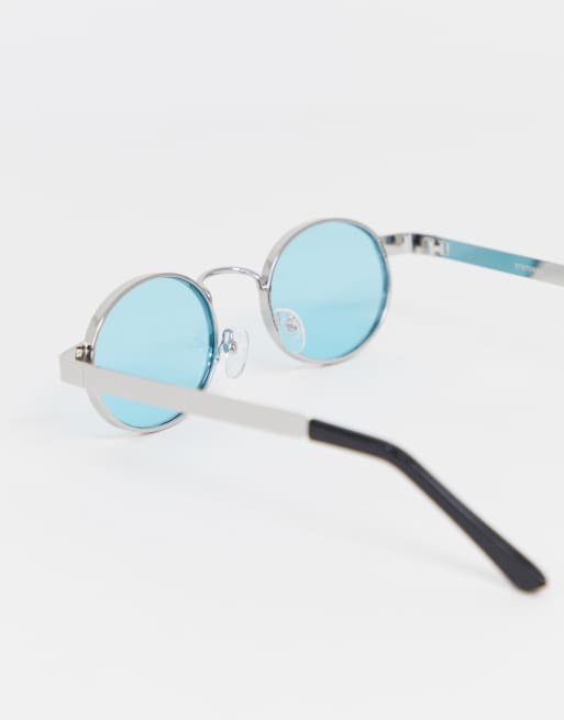 ASOS DESIGN - Occhiali da sole ovali in metallo argento con lenti turchesi e fronte spessa, 4 di 4
