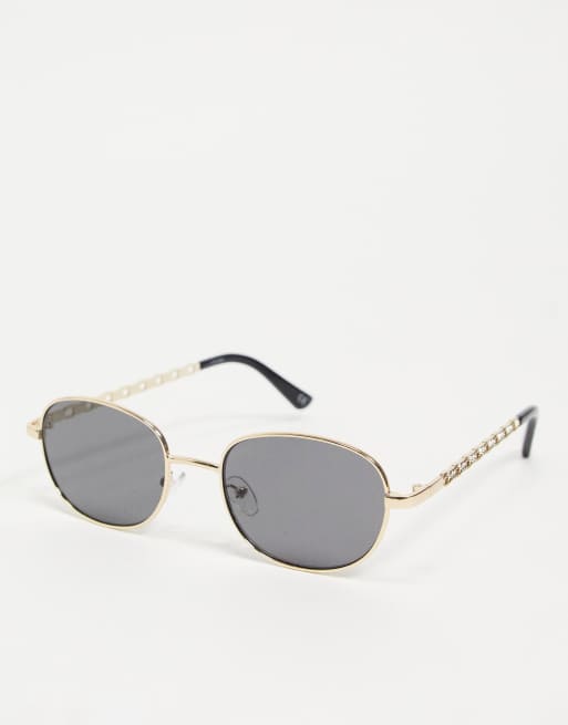 ASOS DESIGN - Occhiali da sole piccoli rotondi color oro con stanghette in catenina e lenti fumé