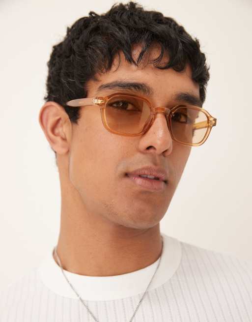 ASOS DESIGN - Occhiali da sole rettangolari piccoli con montatura color sabbia trasparente e lenti neutre