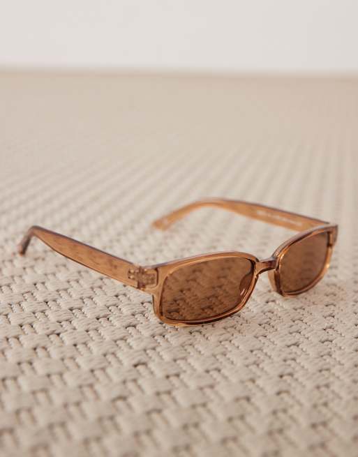 ASOS DESIGN - Occhiali da sole rettangolari slim con montatura di colore neutro trasparente e lenti marroni, 2 di 3
