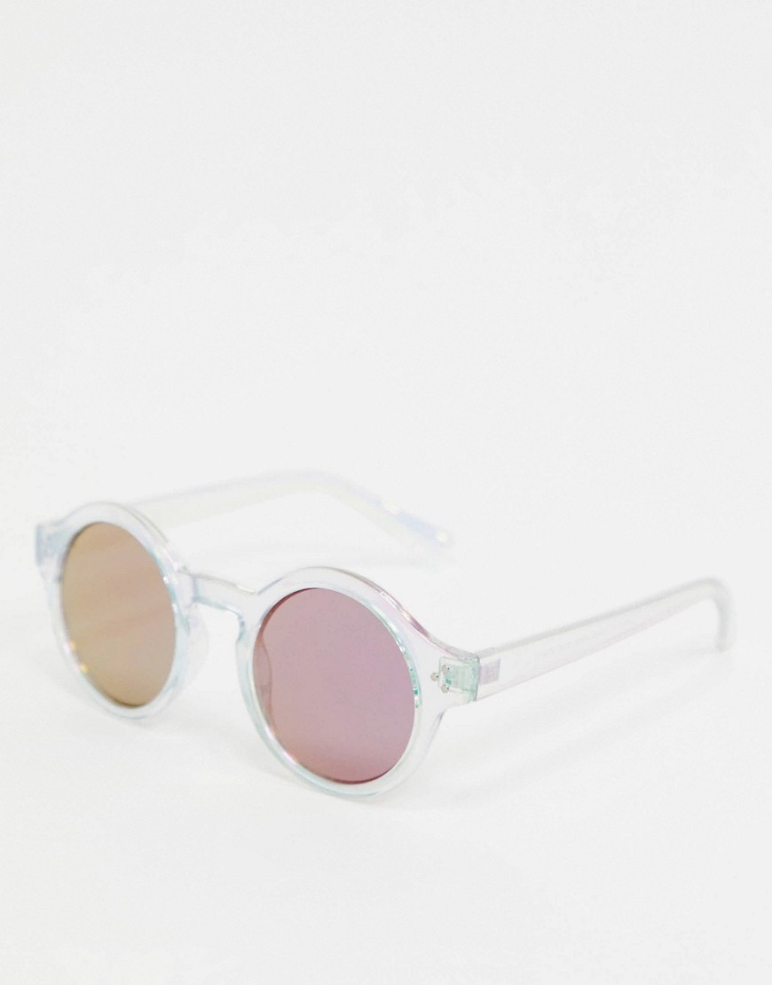 ASOS DESIGN - Occhiali da sole rotondi con montatura iridescente trasparente e lenti a specchio viola-Azzera