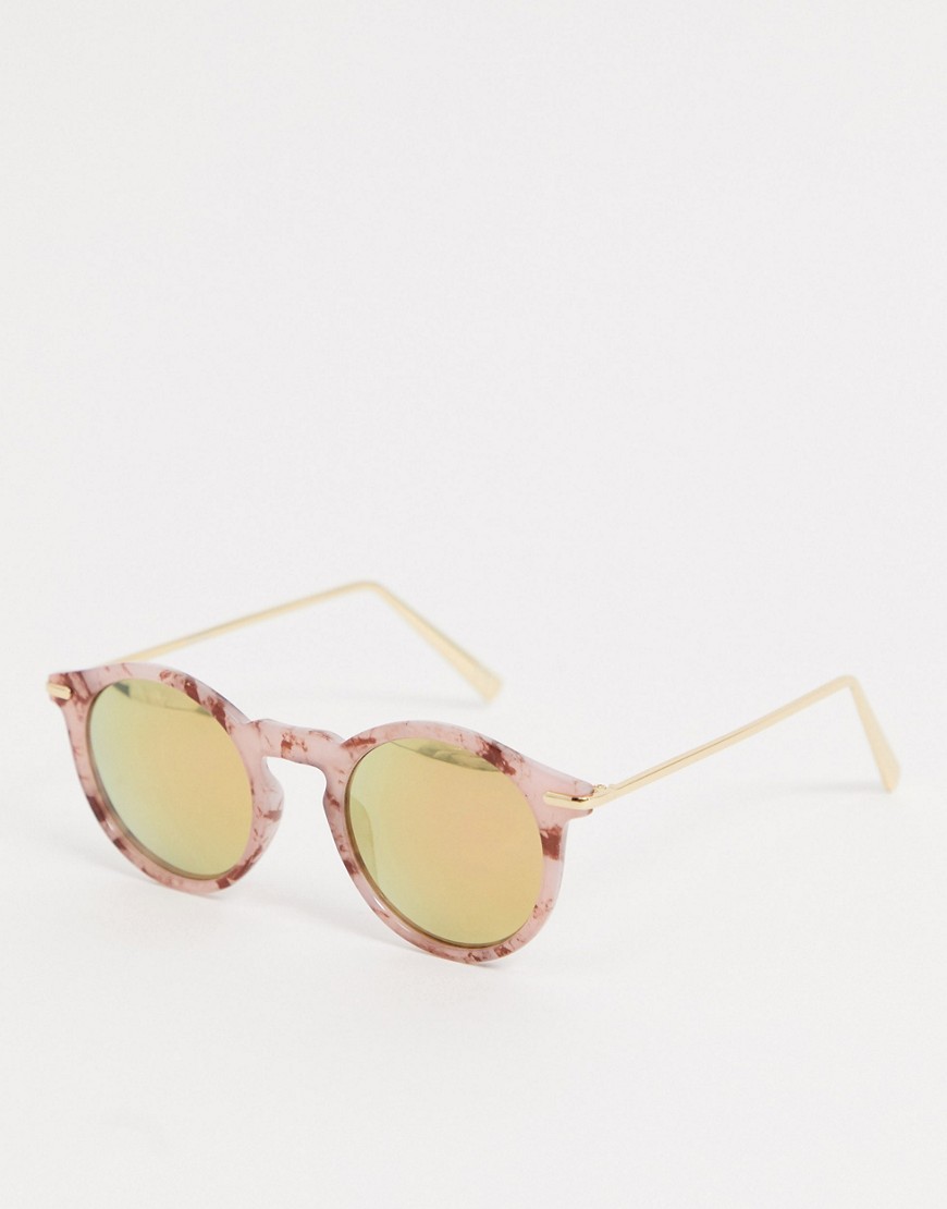 ASOS DESIGN - Occhiali da sole rotondi con stanghette in metallo rosa effetto marmo con lenti a specchio